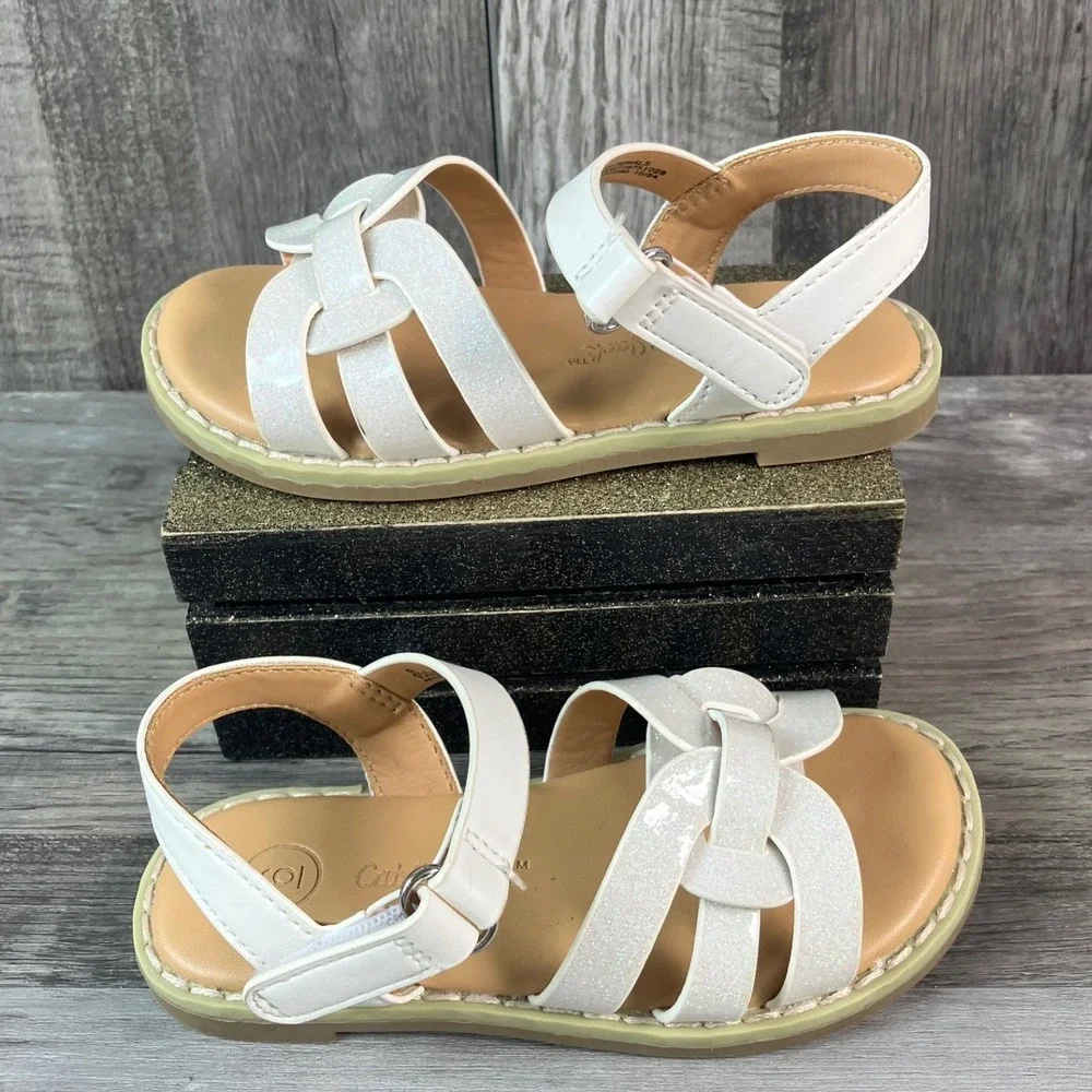 Cat & Jack Giulia Palai Toddler Girls White Sandals Bundle Size 6 Glitter Floral